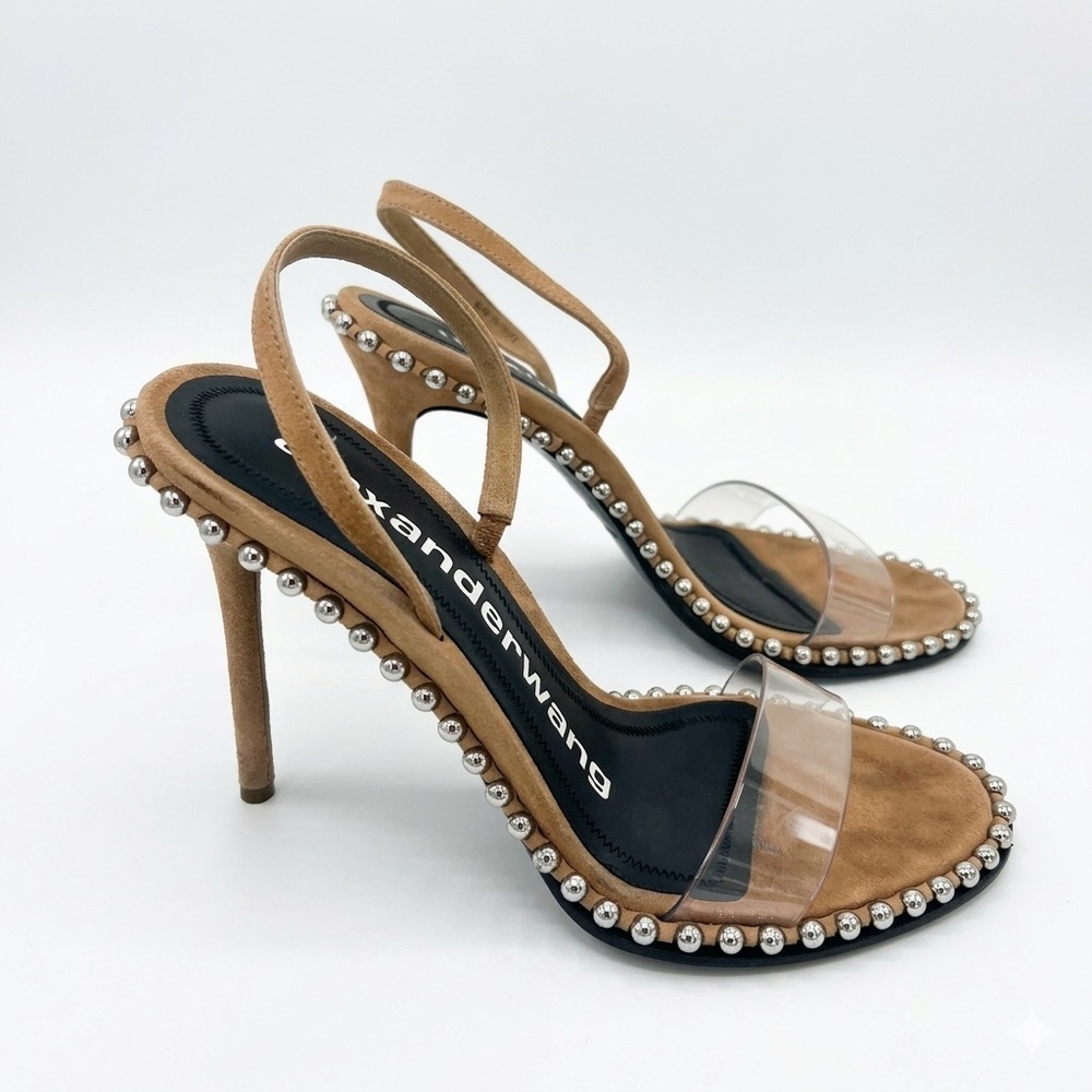 Alexander Wang Women's Nova Studded Suede PVC Heels Slingback Sandals Luxury 6.5